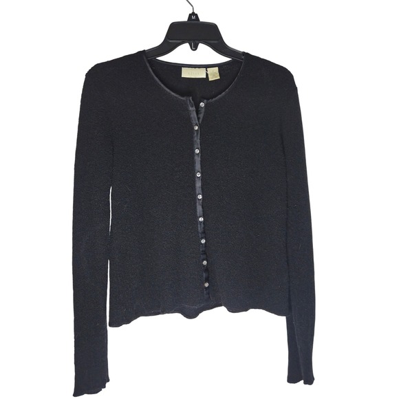 J. Jill Sweaters - J. Jill Womens Black Boiled Wool Blend Satin Trim Button Front Cardigan Small